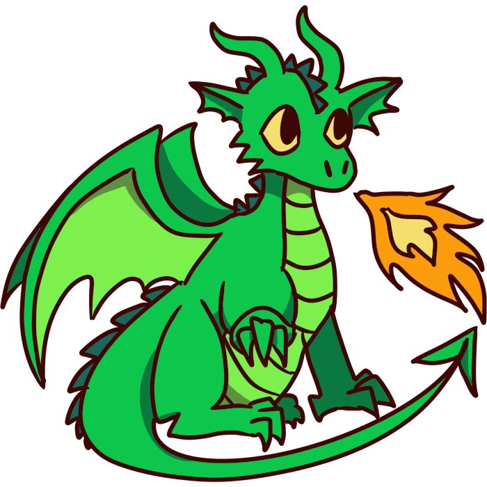  green dragon sits on its haunches and breathes fire)